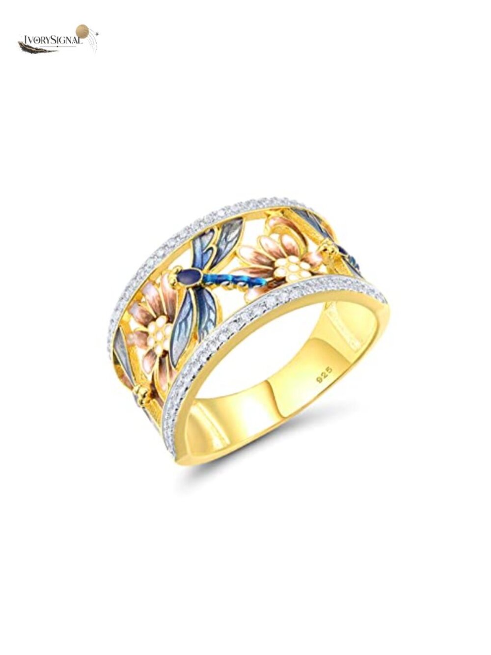 925 Sterling Silver Dragonfly Openwork Ring CZ Enamel Flower Ring 14K Gold